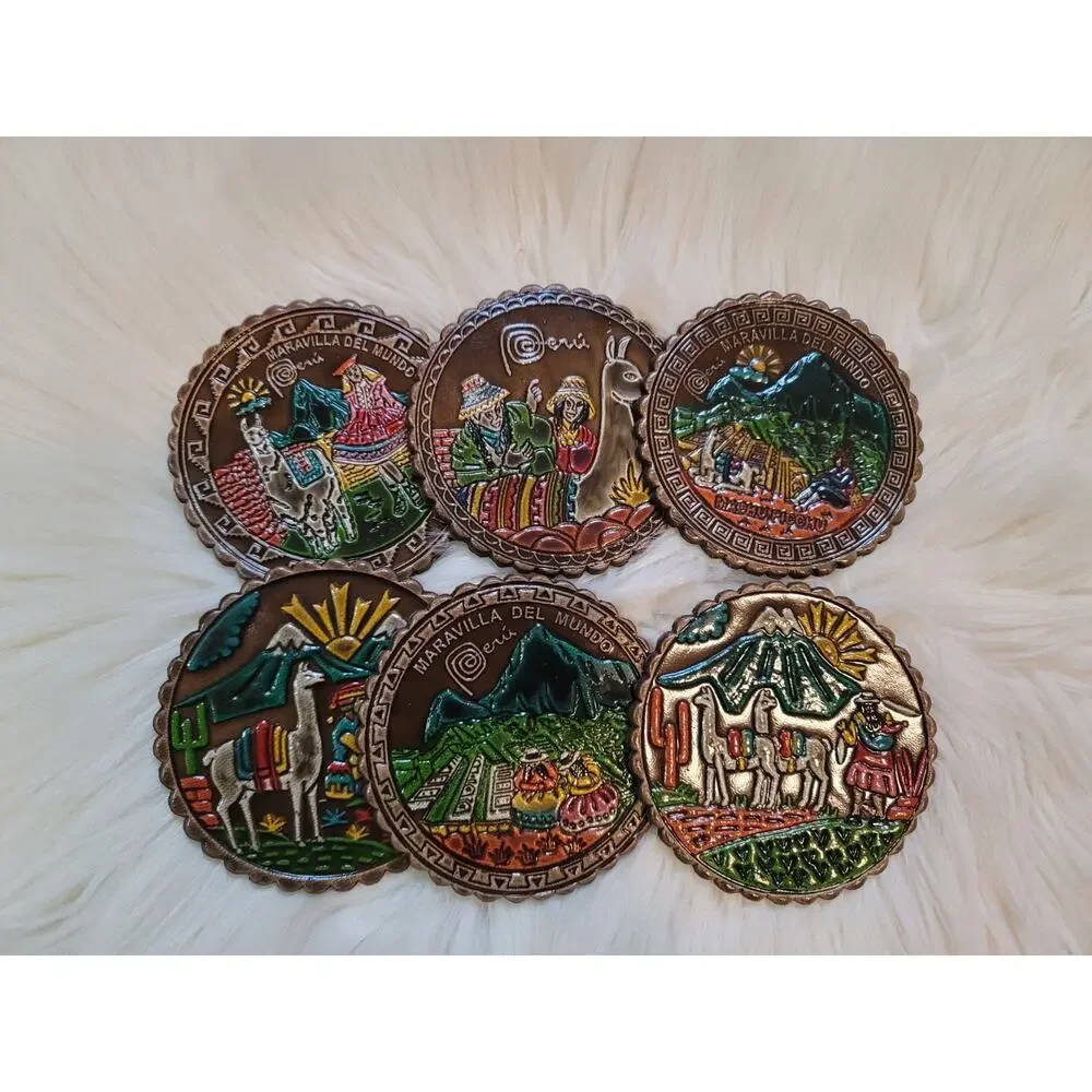 Peru Handpainted Coasters Llama Set 6 W/ Holder Folk Art Souvenir Mixed Material